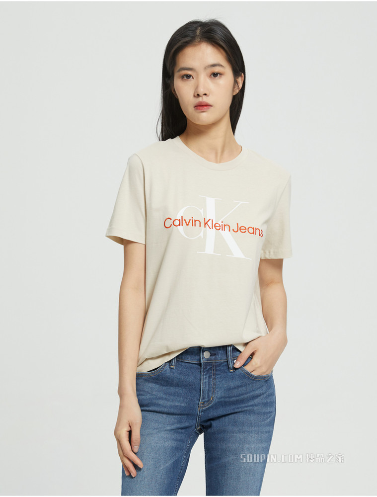 Calvin Klein 女士休闲圆领纯棉刺绣印花短袖T恤J218885
