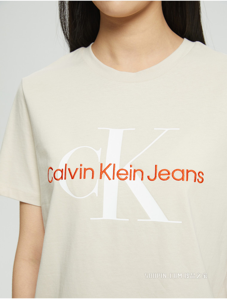 Calvin Klein 女士休闲圆领纯棉刺绣印花短袖T恤J218885