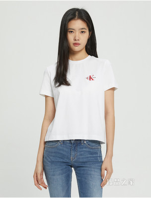 Calvin Klein 女士舒适圆领交叠刺绣LOGO短袖T恤J218883