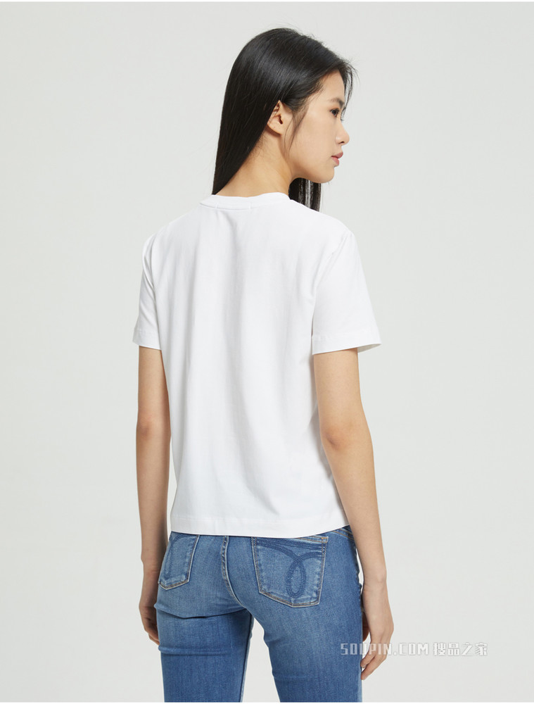 Calvin Klein 女士舒适圆领交叠刺绣LOGO短袖T恤J218883