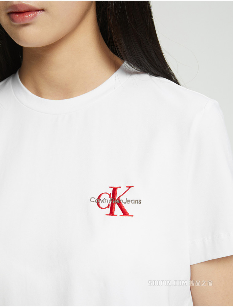 Calvin Klein 女士舒适圆领交叠刺绣LOGO短袖T恤J218883