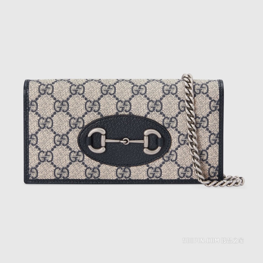 Gucci 马衔扣1955系列链带钱包 米色和蓝色GG Supreme帆布