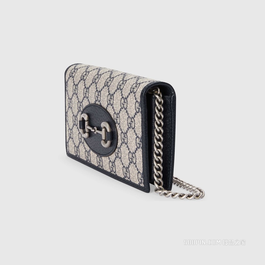 Gucci 马衔扣1955系列链带钱包 米色和蓝色GG Supreme帆布