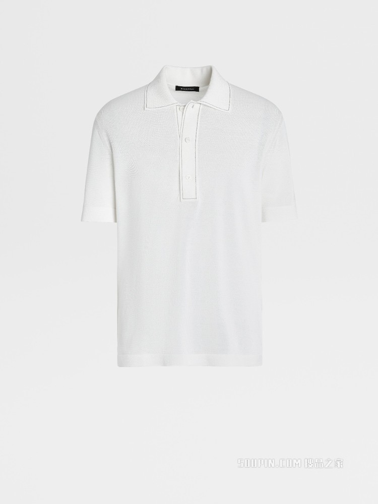 白色桑蚕丝及棉质针织短袖 Polo 衫