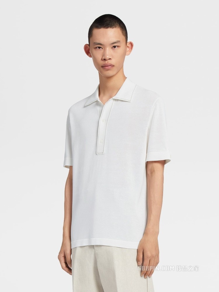 白色桑蚕丝及棉质针织短袖 Polo 衫