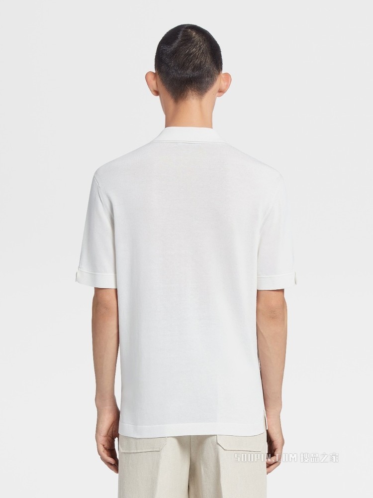 白色桑蚕丝及棉质针织短袖 Polo 衫