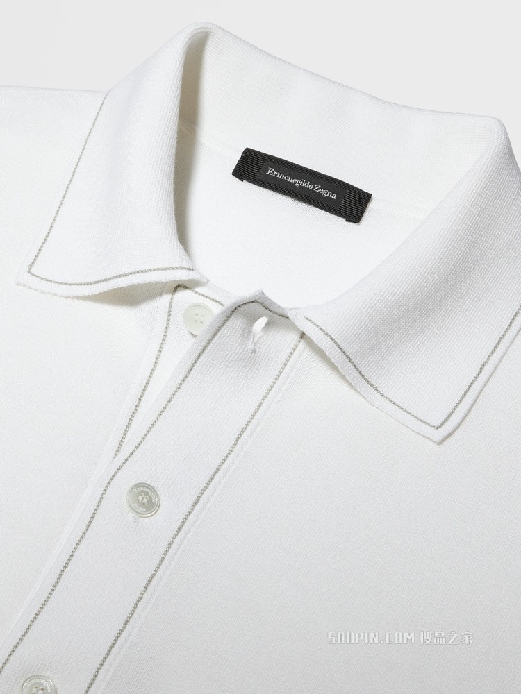 白色桑蚕丝及棉质针织短袖 Polo 衫
