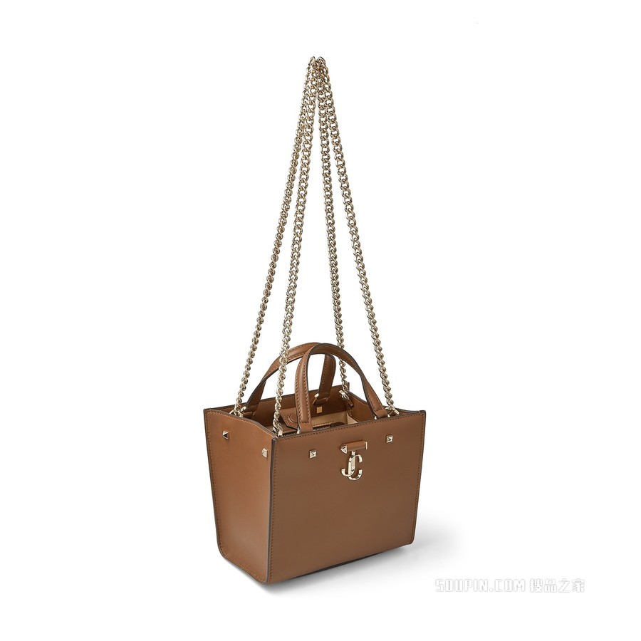 VARENNE TOTE BAG/S 浅金色 JC 徽章饰暗棕褐色细腻亮面小牛皮托特包