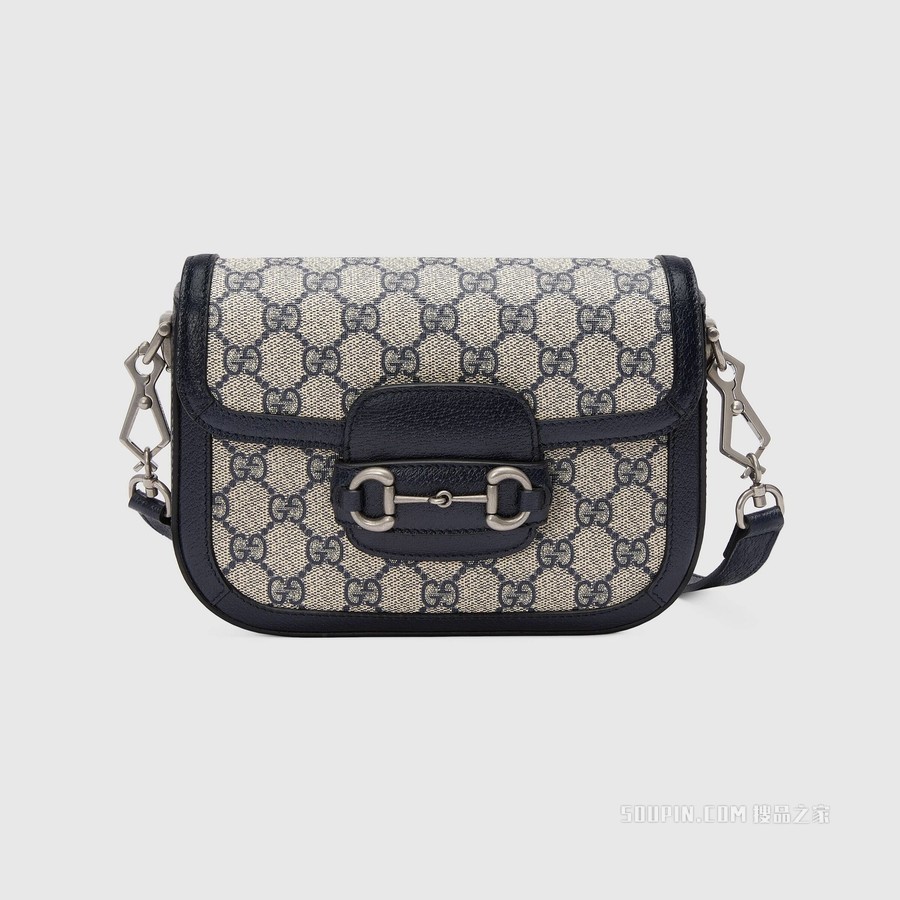 Gucci 马衔扣1955系列GG迷你手袋 米色和蓝色Supreme帆布