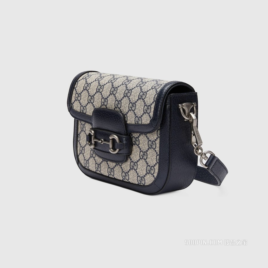 Gucci 马衔扣1955系列GG迷你手袋 米色和蓝色Supreme帆布