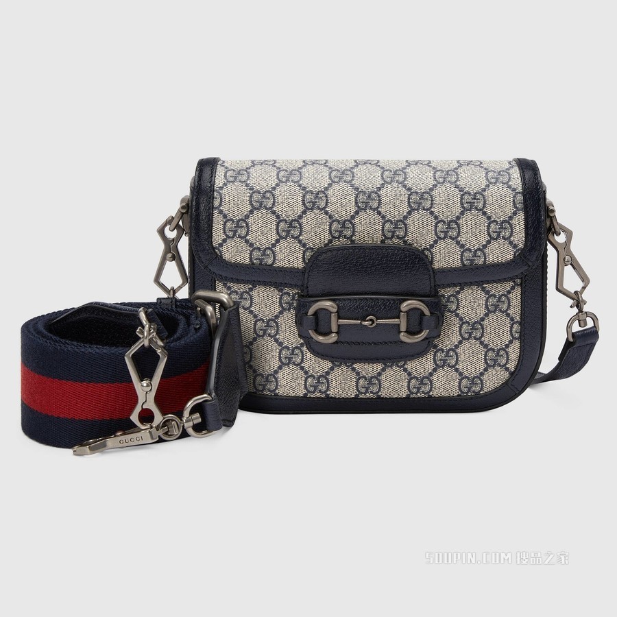 Gucci 马衔扣1955系列GG迷你手袋 米色和蓝色Supreme帆布