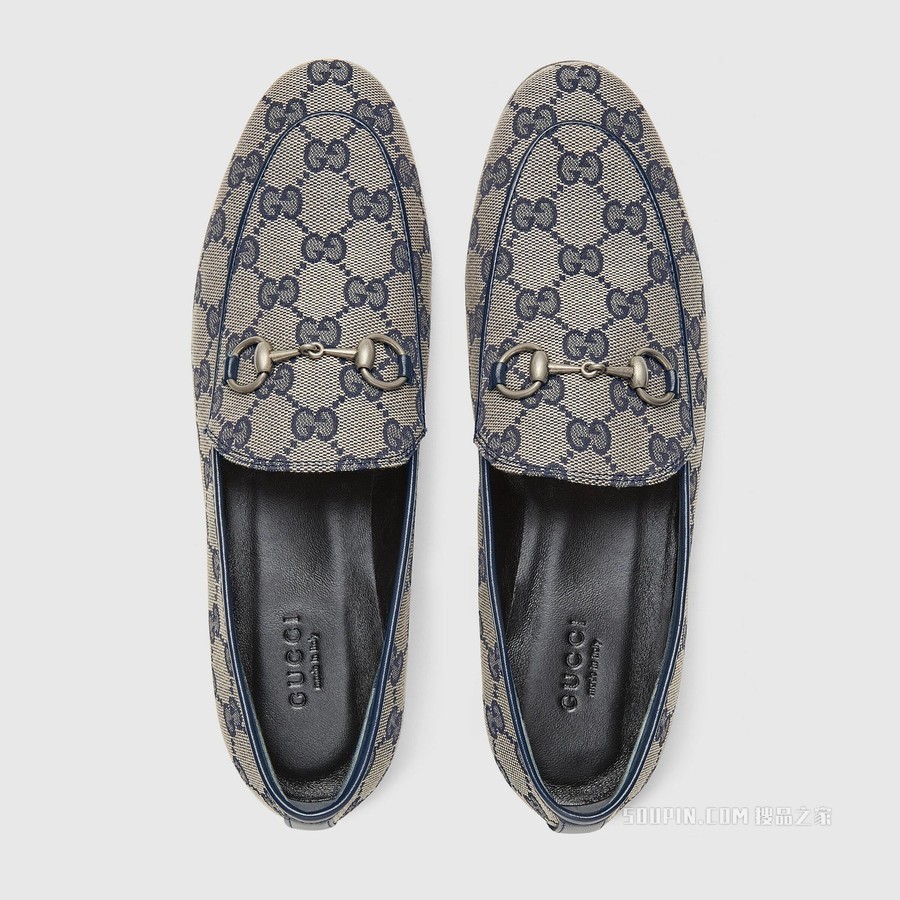 Gucci Jordaan系列女士GG乐福鞋 米色和蓝色帆布