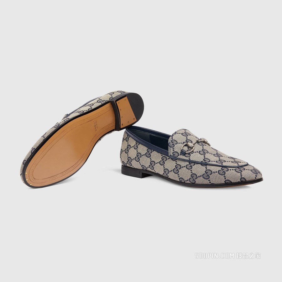 Gucci Jordaan系列女士GG乐福鞋 米色和蓝色帆布