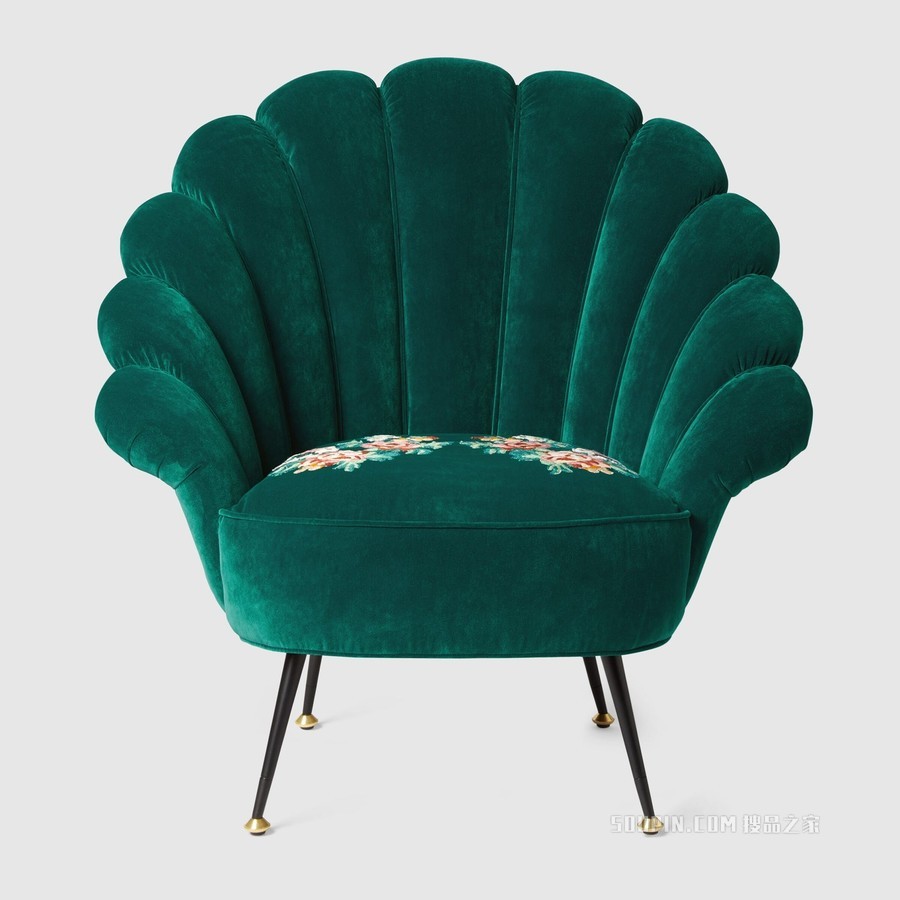 刺绣花朵天鹅绒扶手椅 水鸭蓝天鹅绒