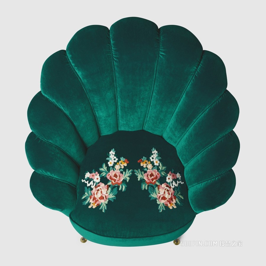 刺绣花朵天鹅绒扶手椅 水鸭蓝天鹅绒