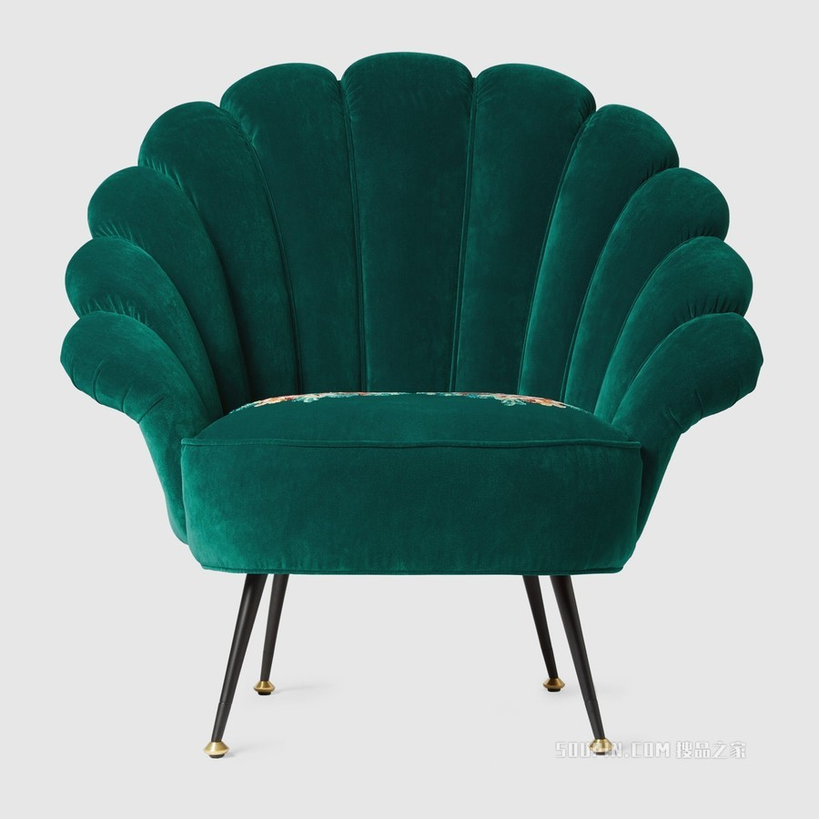 刺绣花朵天鹅绒扶手椅 水鸭蓝天鹅绒