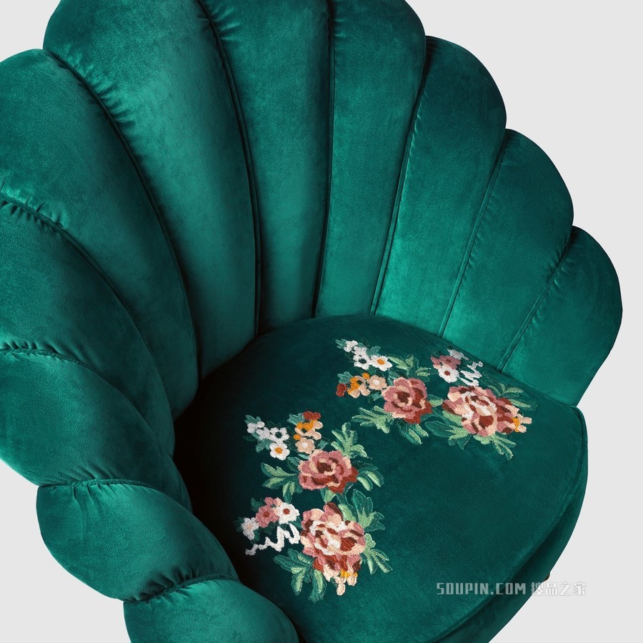 刺绣花朵天鹅绒扶手椅 水鸭蓝天鹅绒