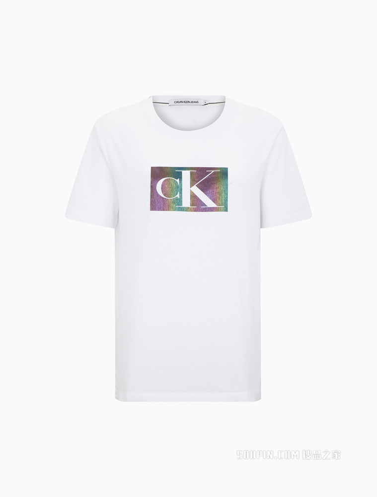 Calvin Klein 女士圆领纯棉镂空字母渐变印花短袖T恤ZW01698