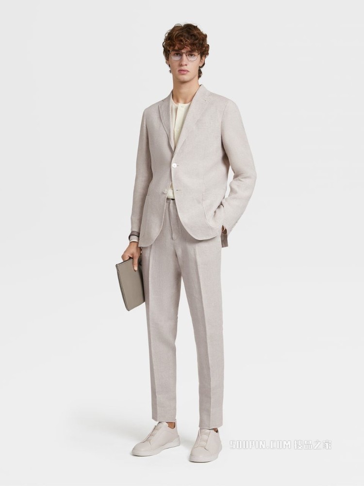 米白色亚麻成衣水洗衬衫夹克，修身版型