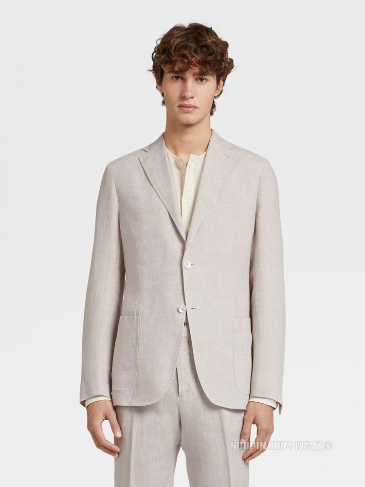 米白色亚麻成衣水洗衬衫夹克，修身版型