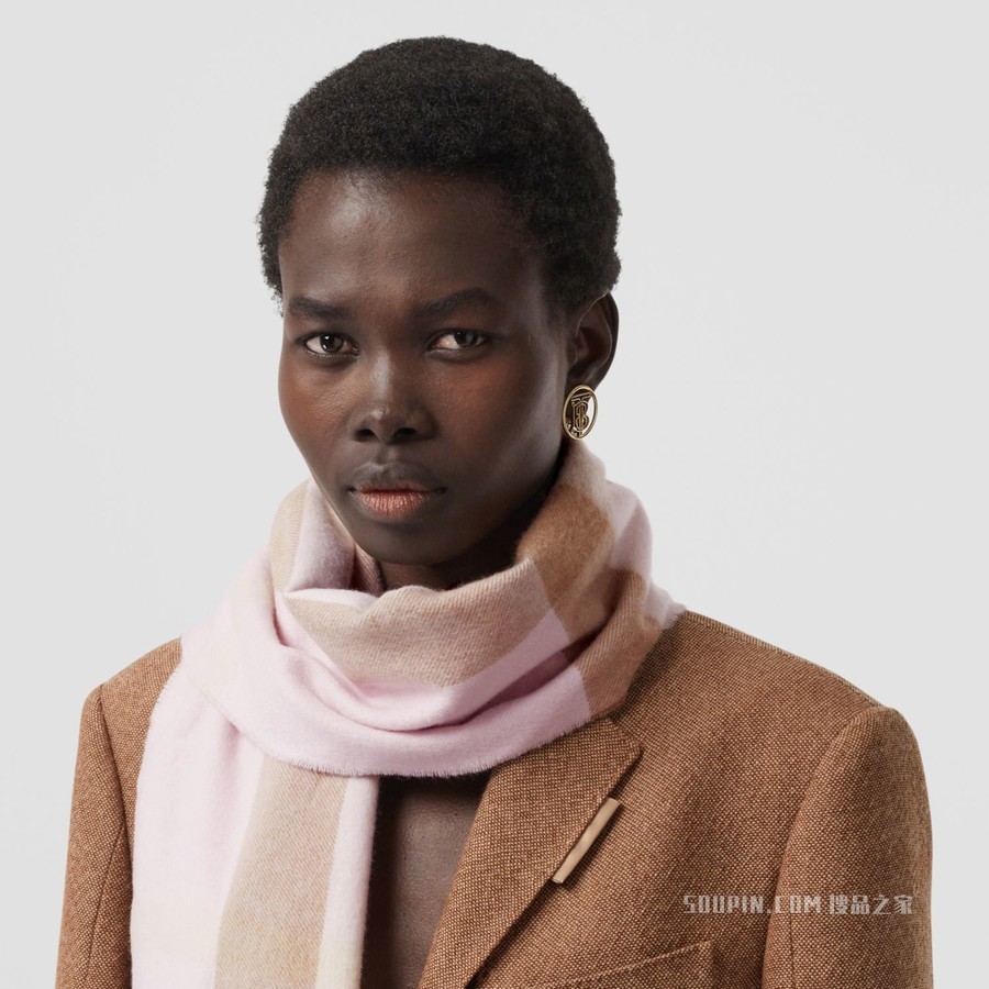 格纹羊绒围巾 (雪花石粉红)