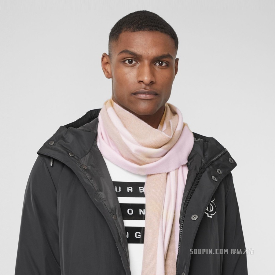 格纹羊绒围巾 (雪花石粉红)