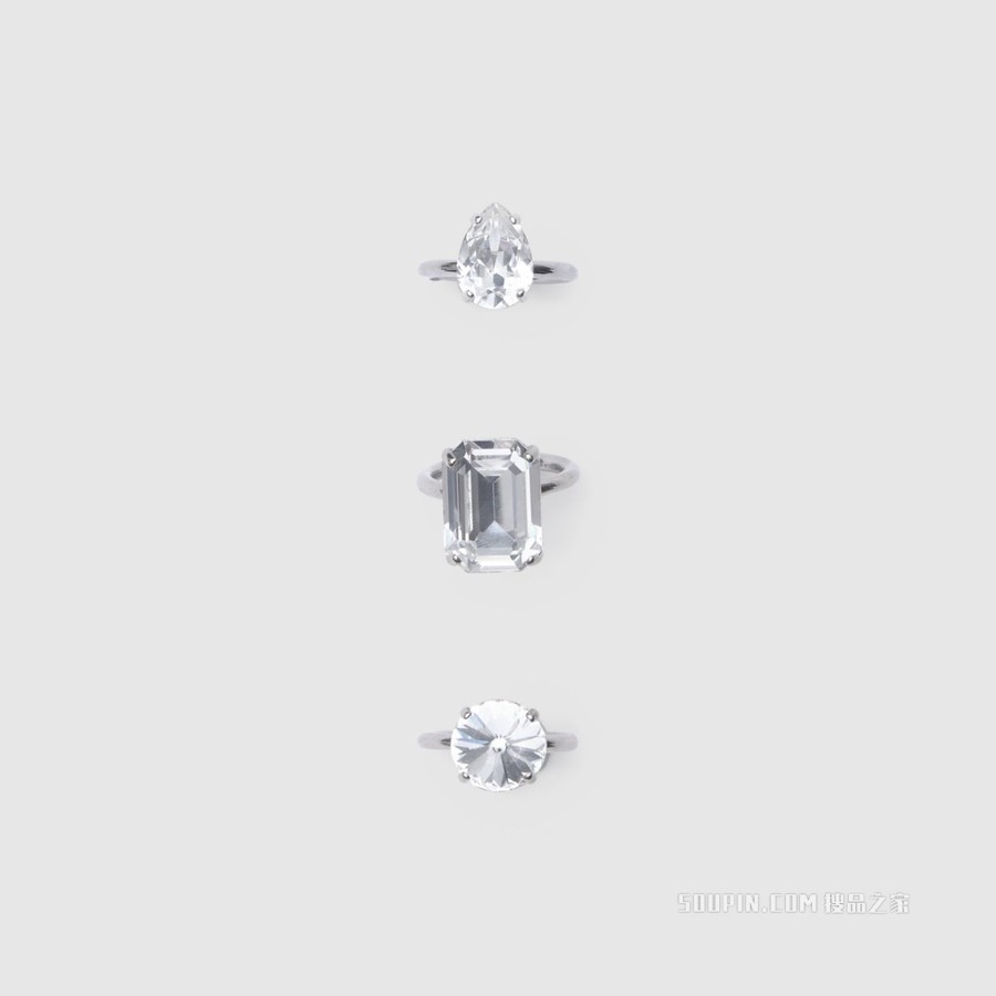 独粒人造水晶拼镀钯金戒指套组 (钯金色) - 女士