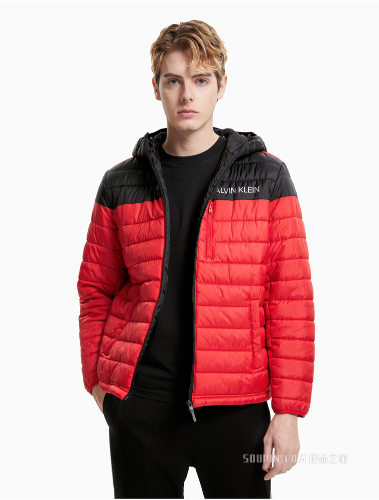 Calvin Klein 男装时尚连帽拉链前襟上下拼色绗缝外套4MF1O502
