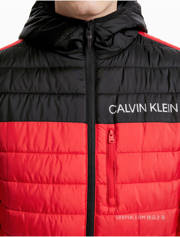 Calvin Klein 男装时尚连帽拉链前襟上下拼色绗缝外套4MF1O502