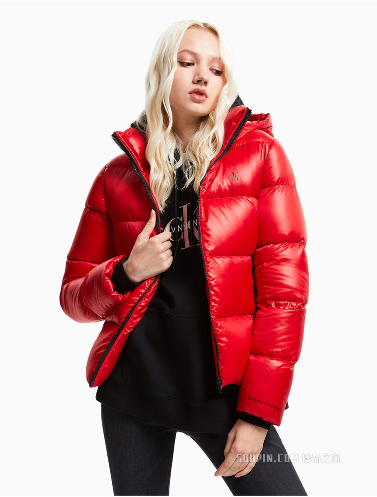 Calvin Klein 女士时尚拉链连帽LOGO印花保暖短款羽绒服ZW01576