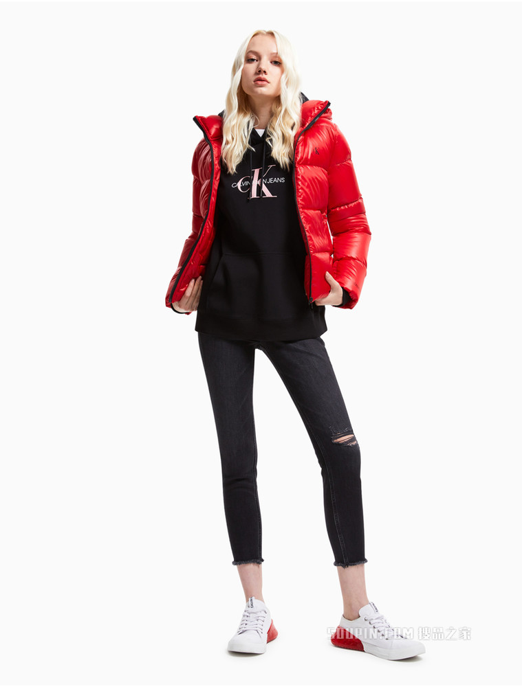 Calvin Klein 女士时尚拉链连帽LOGO印花保暖短款羽绒服ZW01576