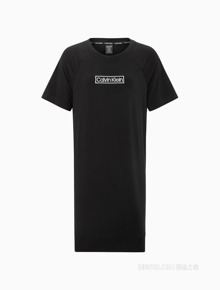 Calvin Klein 女士方框LOGO刺绣圆领短袖家居睡裙QS6800