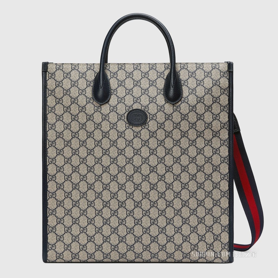 互扣式双G中号托特包 米色和蓝色GG Supreme帆布
