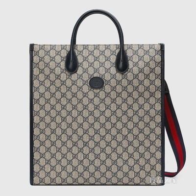 互扣式双G中号托特包 米色和蓝色GG Supreme帆布