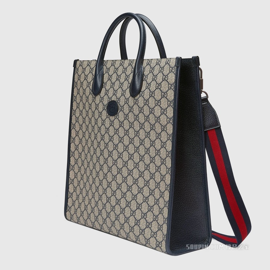 互扣式双G中号托特包 米色和蓝色GG Supreme帆布
