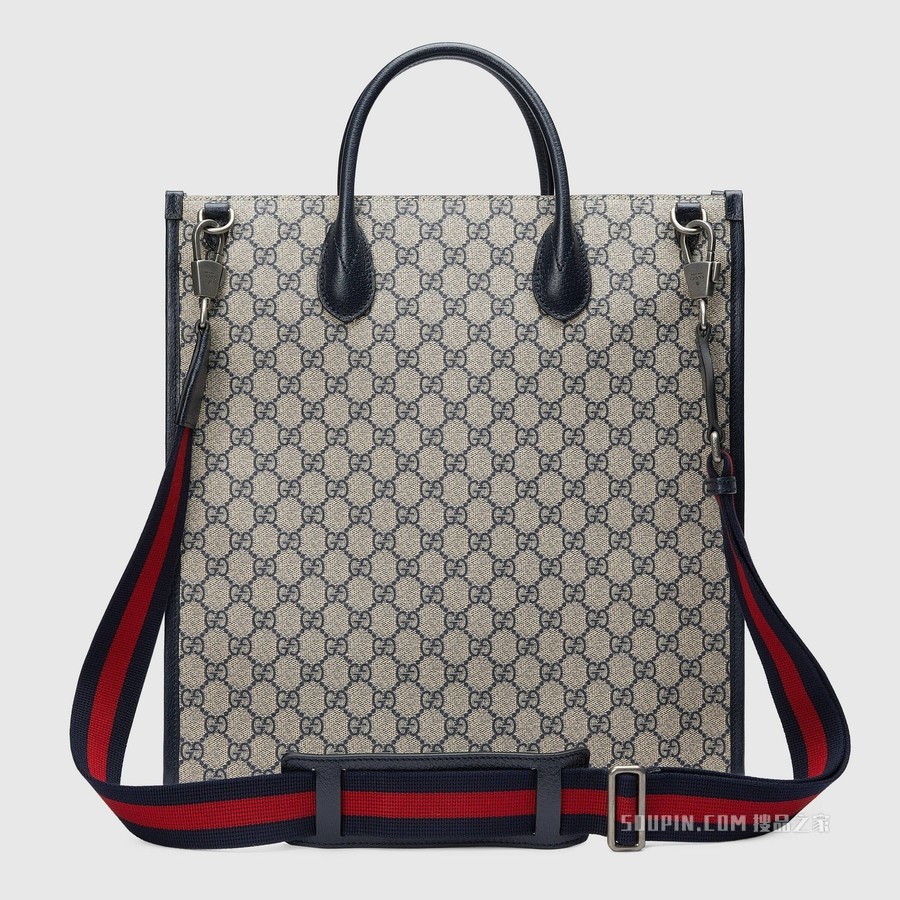 互扣式双G中号托特包 米色和蓝色GG Supreme帆布