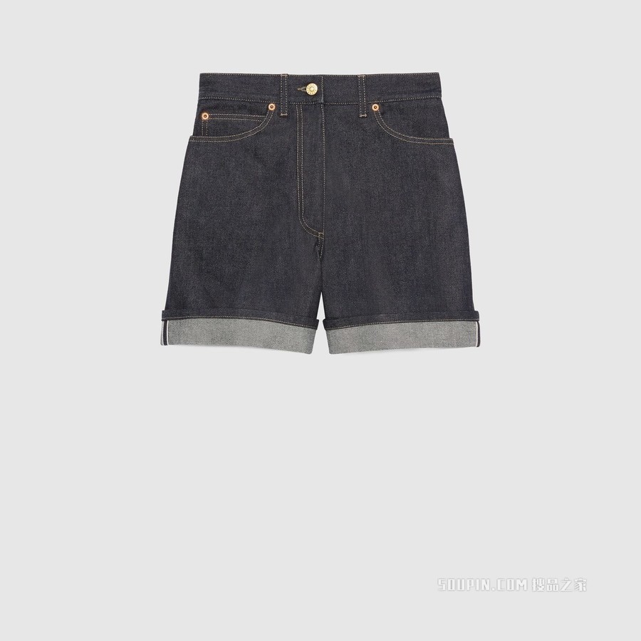 饰马衔扣牛仔短裤 深蓝色