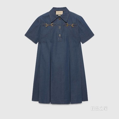 饰马衔扣丹宁面料连衣裙 深蓝色