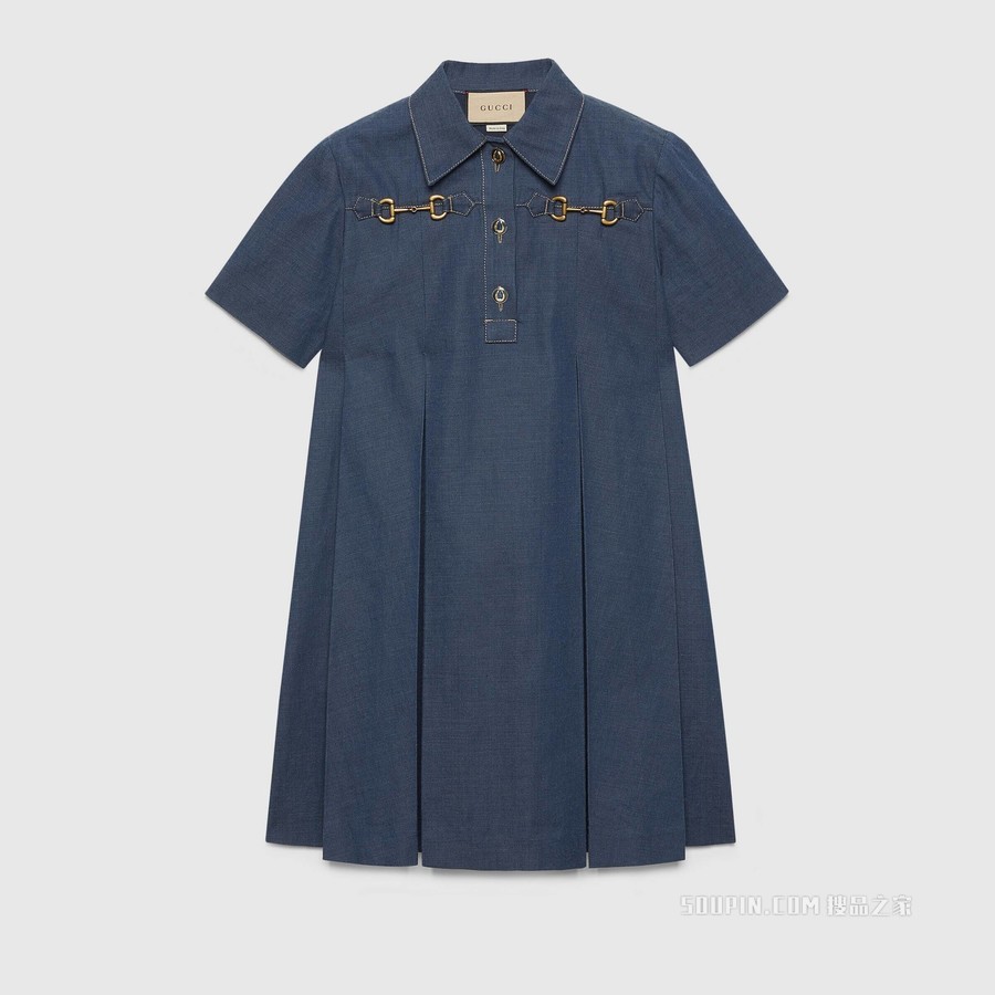 饰马衔扣丹宁面料连衣裙 深蓝色