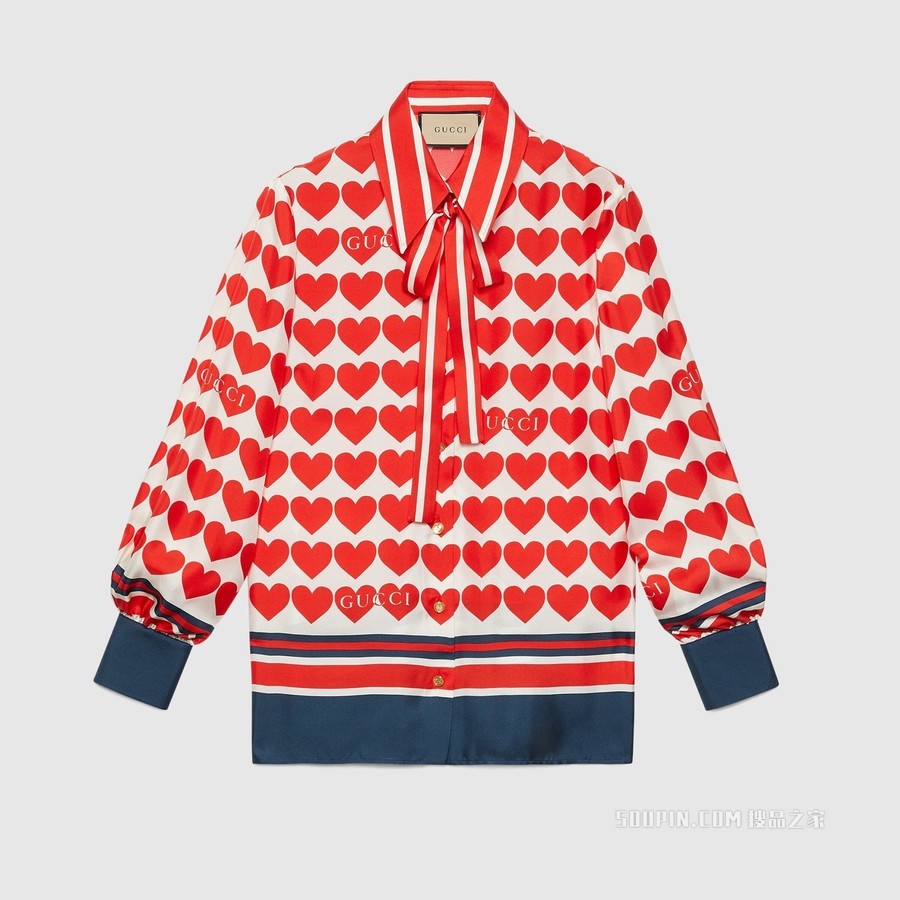 Gucci和心形印花真丝衬衫 红色