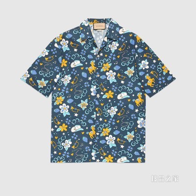 复古花朵和小马印花棉质保龄球衫 蓝色