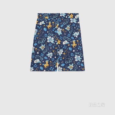 复古花朵和小马印花防水尼龙短裤 蓝色