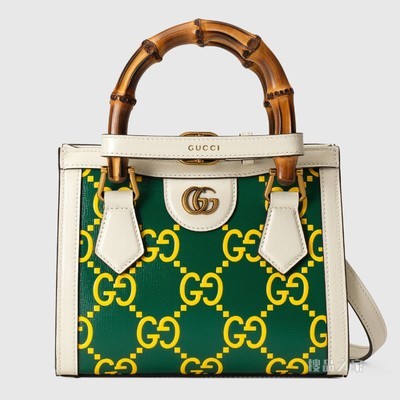 Gucci Diana竹节迷你GG托特包 绿色和白色皮革