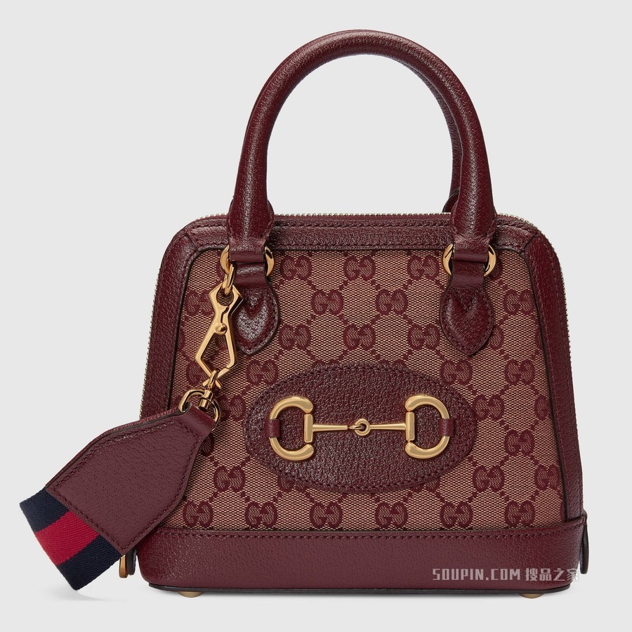 Gucci 马衔扣1955系列GG迷你手袋 米色和酒红色帆布