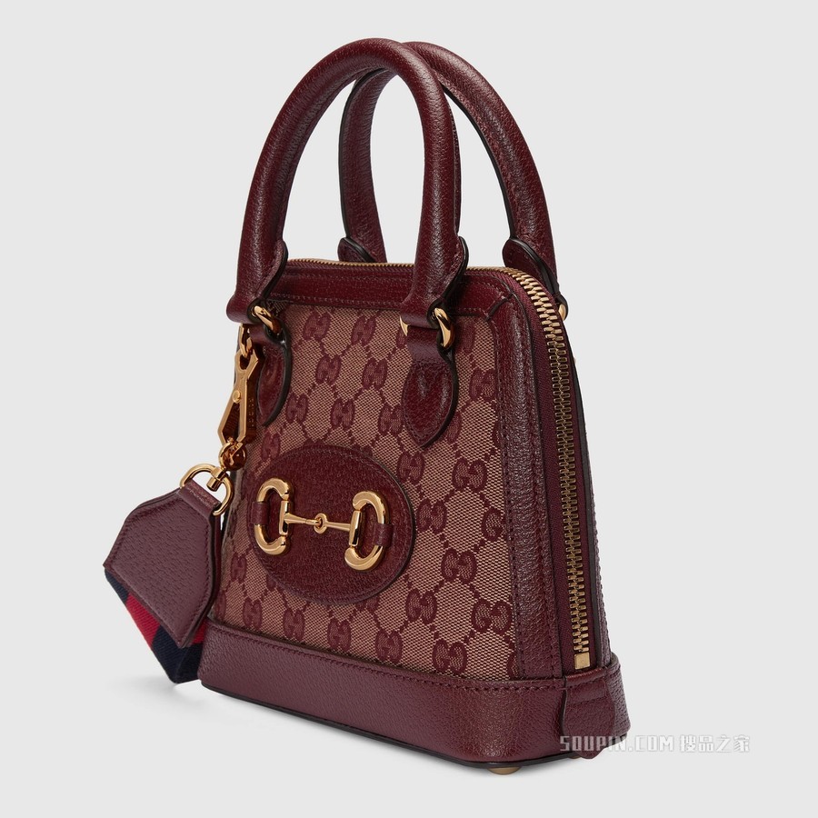 Gucci 马衔扣1955系列GG迷你手袋 米色和酒红色帆布