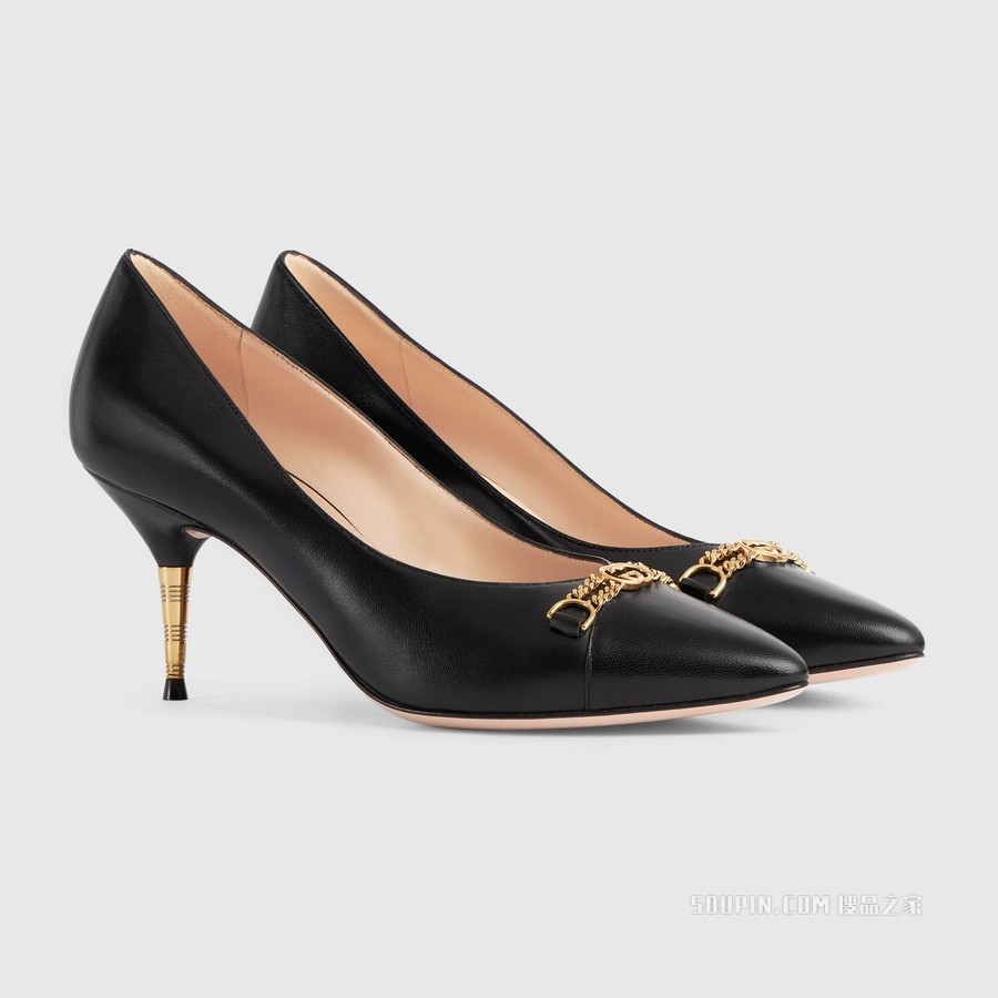 女士链条浅口鞋 黑色皮革