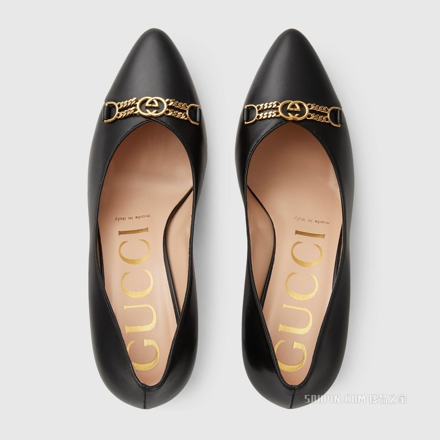 女士链条浅口鞋 黑色皮革