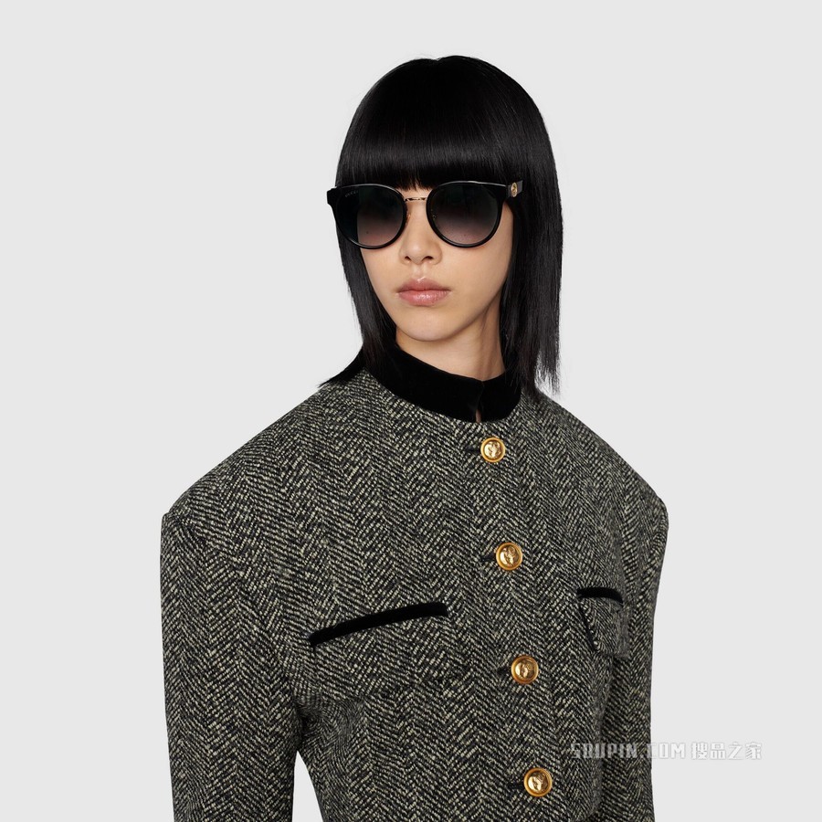 低鼻梁架贴合设计圆形镜框太阳眼镜 黑色注塑