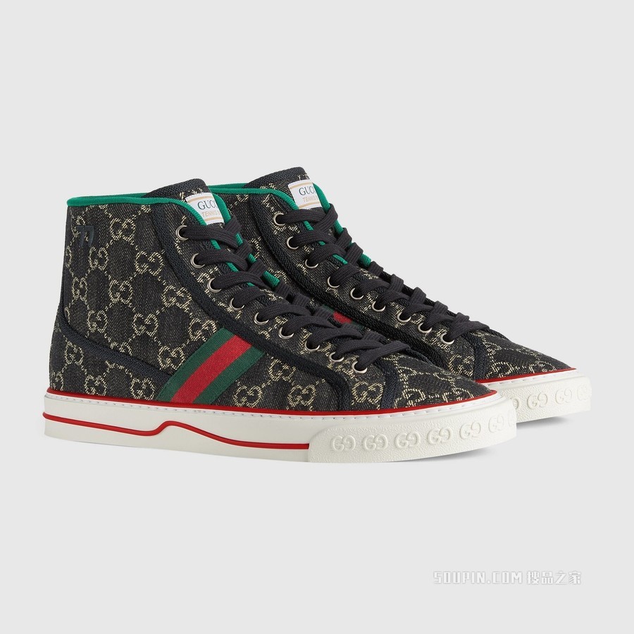 Gucci Tennis 1977系列男士高帮运动鞋 黑色和象牙白色GG丹宁面料