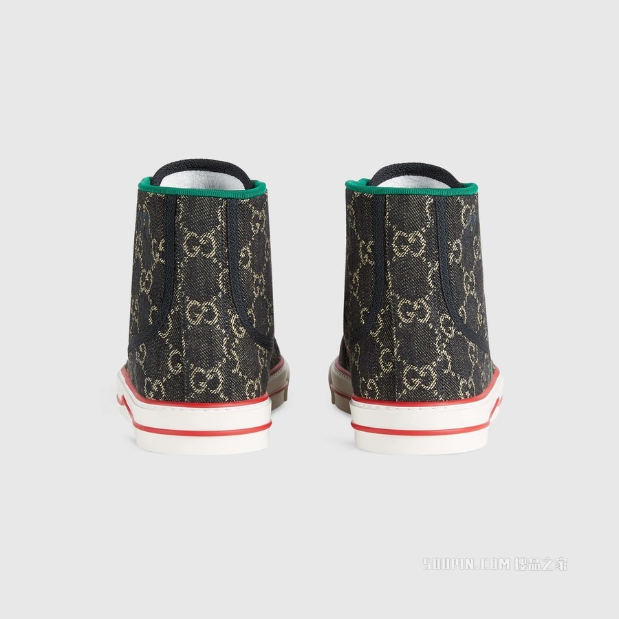 Gucci Tennis 1977系列男士高帮运动鞋 黑色和象牙白色GG丹宁面料